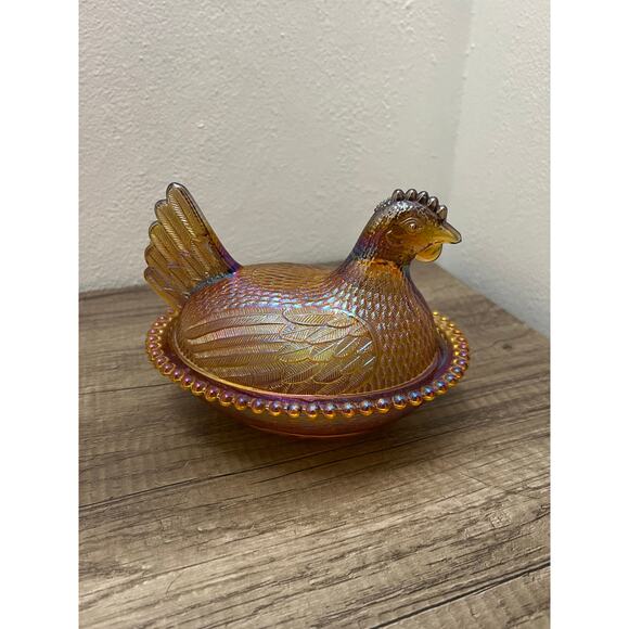 Indiana Glass Amber Iridescent Hen on Nest Dish Vintage Style Carnival Glass - Picture 10 of 16